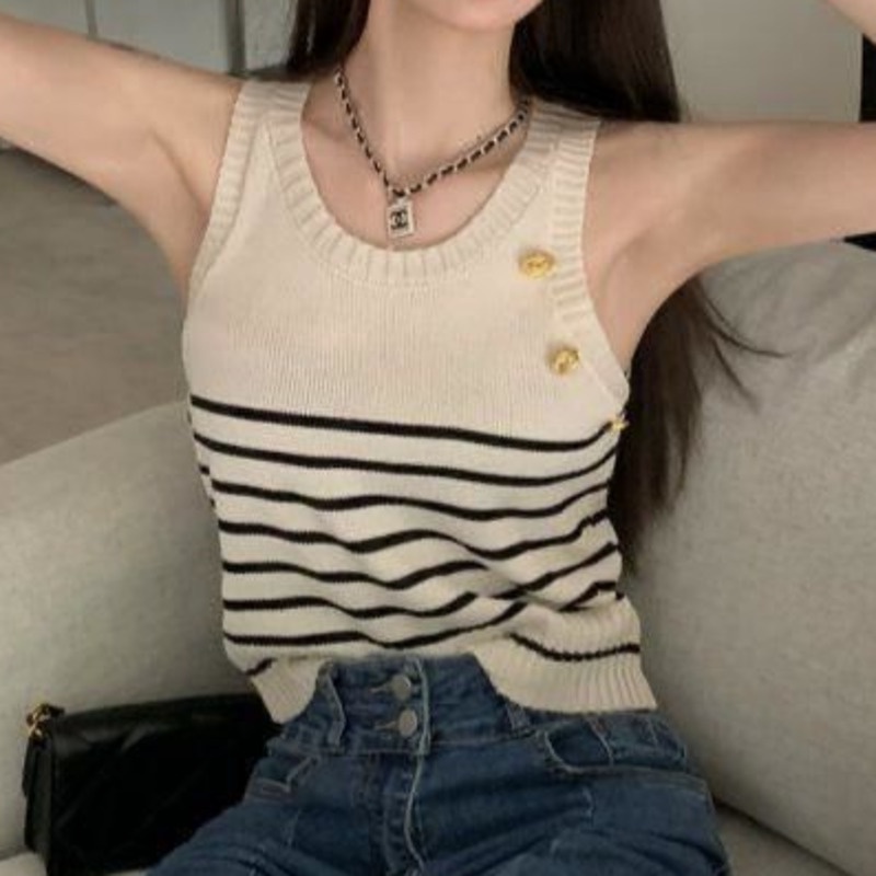 Áo len RENJIANVSHENG 182948 không tay kẻ sọc ngang phong cách retro ôm dáng thời trang cho nữ