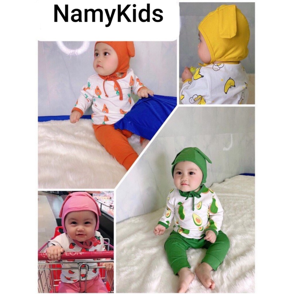 42.[HCM] Đồ bộ thu đông trẻ sơ sinh (5-15kg) tay dài quần dài, mẫu trái cây, vải Cotton thun lạnh Minky Mom chính phẩm