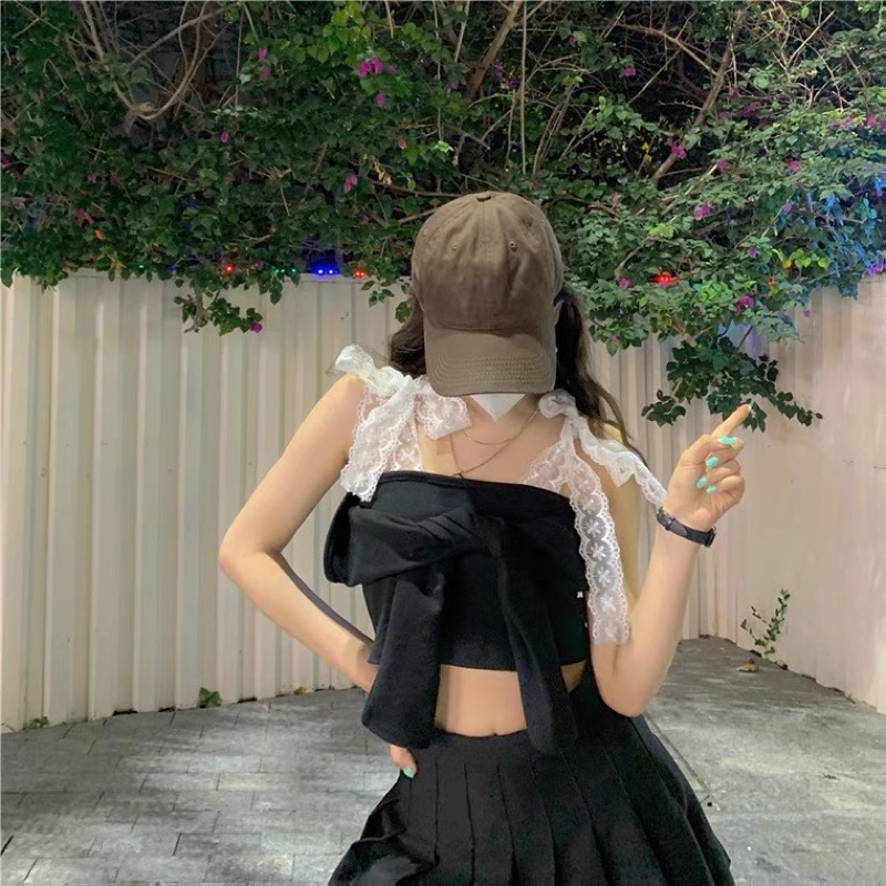 Áo hai dây phối ren xinh xắn phong cách hàn quốc - Áo trễ vai dây nơ ren dáng croptop chất liệu len tăm - A05