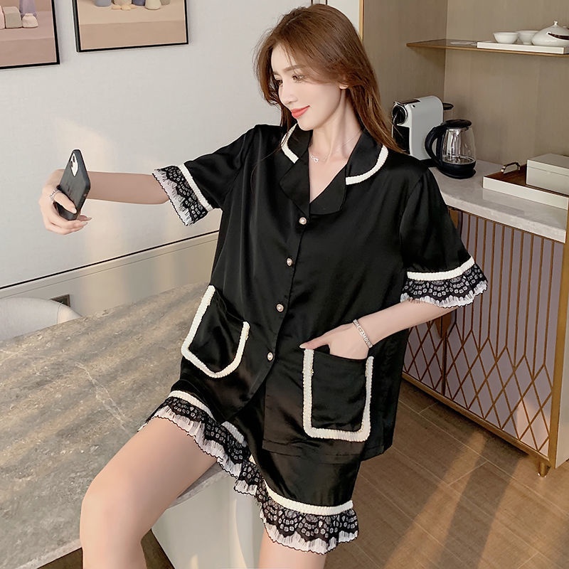 Bộ đồ ngủ cotton tay ngắn màu trơn phối ren phong cách công chúa xinh xắn thời trang dành cho nữ 2024