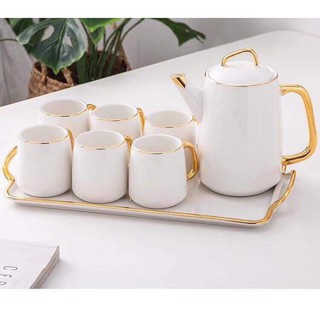 Bộ bình cốc Sứ trắng, xanh cổ vịt viền mạ vàng,Kèm khay