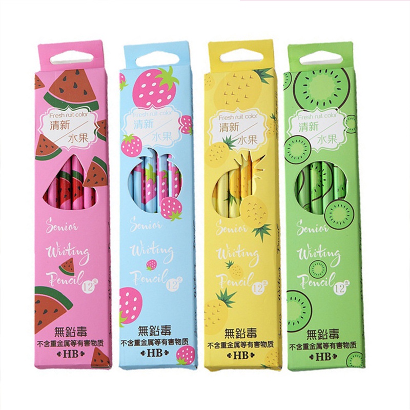 Set 12 Bút Chì Họa Tiết Trái Cây Hoạt Hình Kèm Gôm Tẩy Cho Học Sinh/Văn Phòng