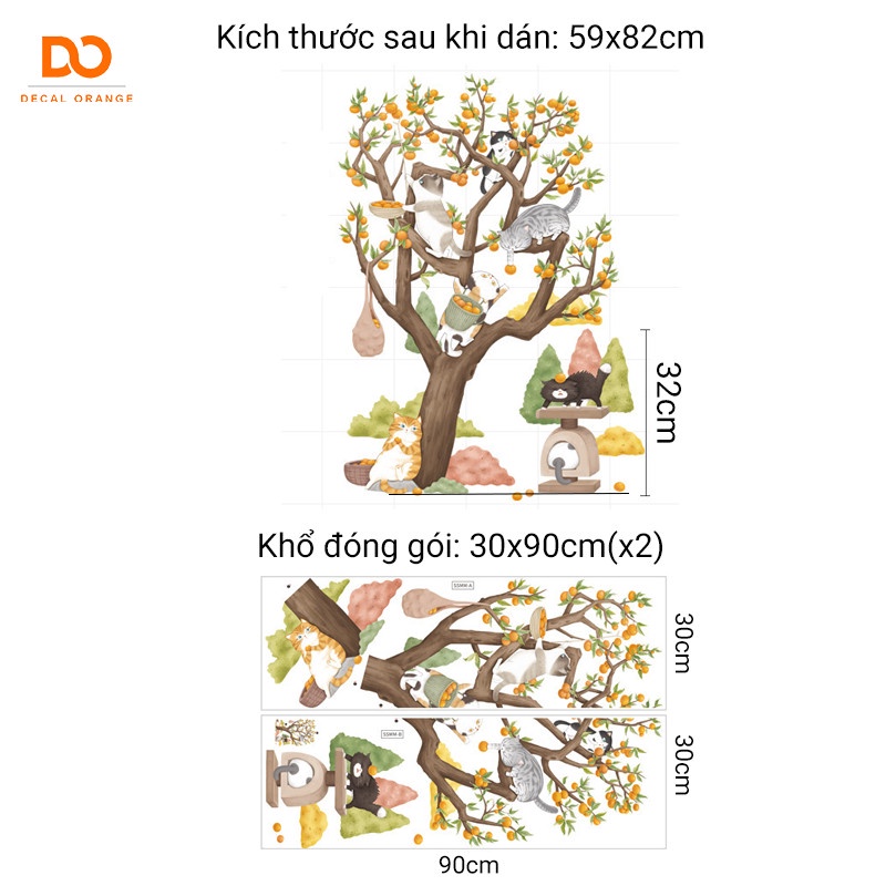 Decal dán tường giấy dán tường mèo hái quả decor phòng ngủ phòng khách