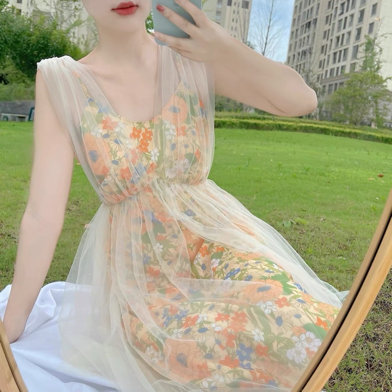 Váy hoa phối dây voan