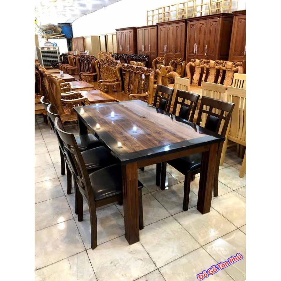 Bộ bàn ăn 6 ghế hiện đại gỗ cao su mặt giả đá 6 ghế màu đen