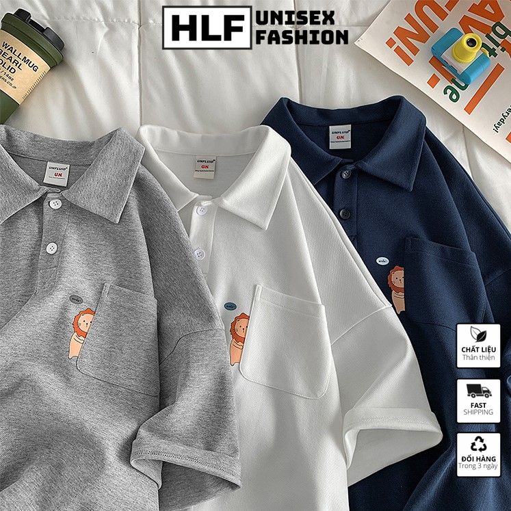 Áo Thun Polo Cổ Trụ Unisex Có Túi Hình Sư Tử, Áo Thun Có Cổ Hlfashion