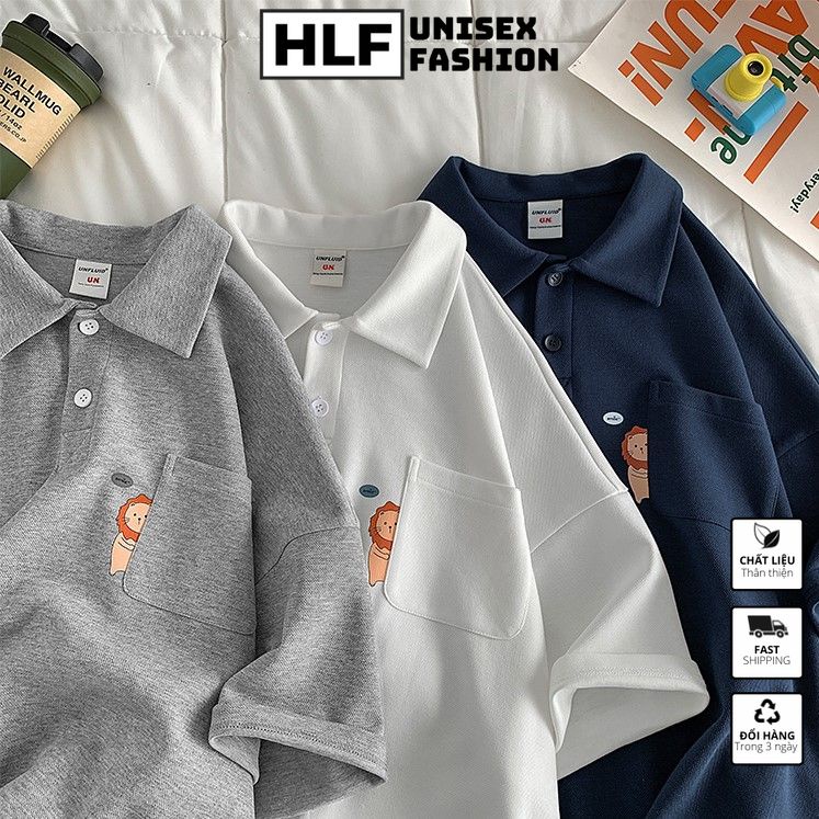 Áo thun polo cổ trụ unisex có túi hình sư tử, áo thun có cổ HLFashion