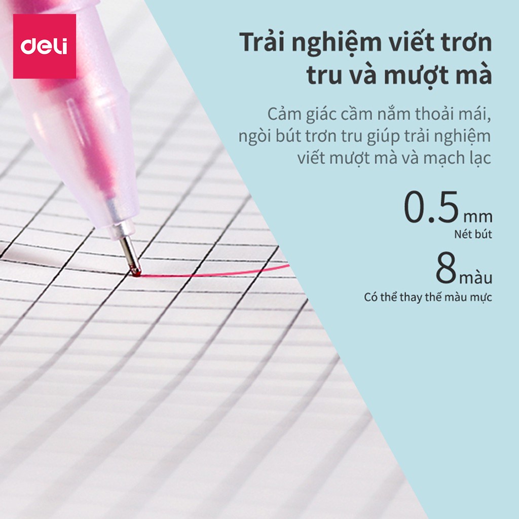 Bút bi nước mực gel 0.5mm nhiều màu Deli cute nắp đậy dùng để viết calligraphy trang trí sổ dễ thương nét chữ đẹp A119