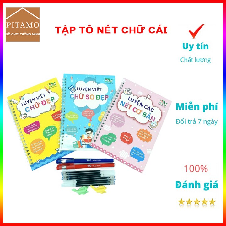 Tập tô nét cơ bản - Combo 3q tô nét chữ cái,chữ số tự xóa thần kì sử dụng nhiều lần tặng 2 bút,ngòi bút,cá định vị cầm
