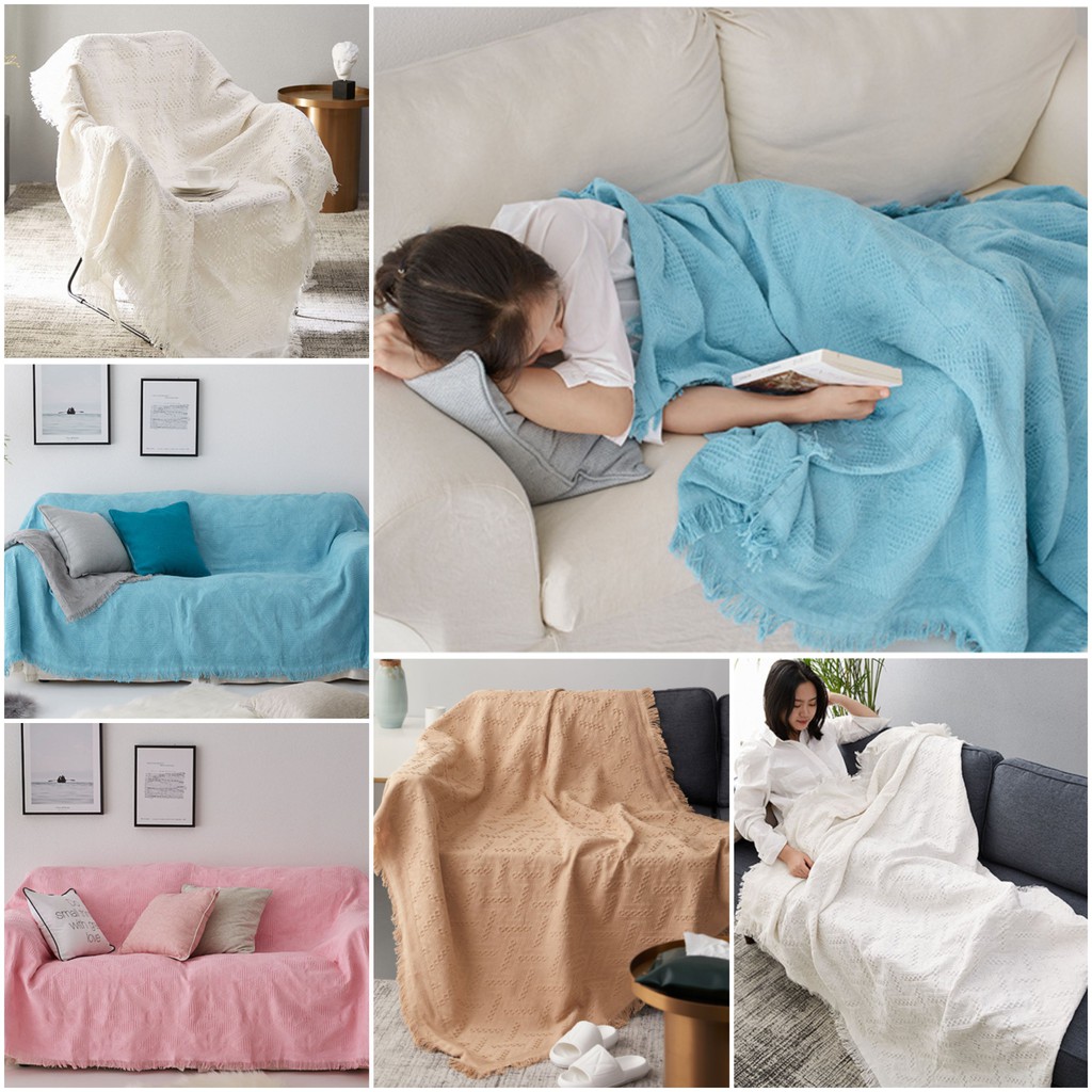(MỀM MẠI-VIỀN TUA RUA) thảm phủ ghế sofa màu trơn. khăn dệt cotton phủ đàn piano, trải picnic nhiều size lớn