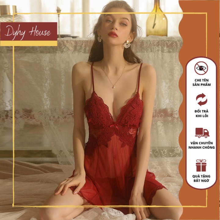 Set Váy Ngủ 2 Dây Đan Chéo Kèm Quần Chip Vải Lưới Ren Quyến Rũ 1899
