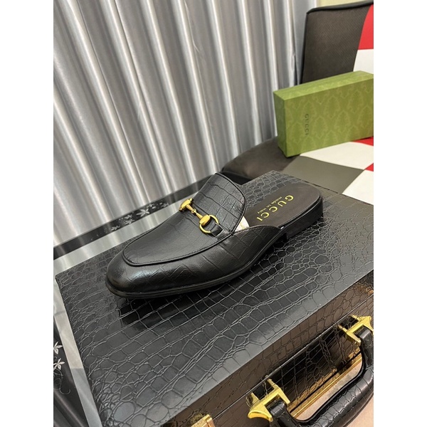 Giày sục nam da thật nhập khẩu thương hiệu Gucci GC/GG cao cấp mẫu mới mũi bo tròn