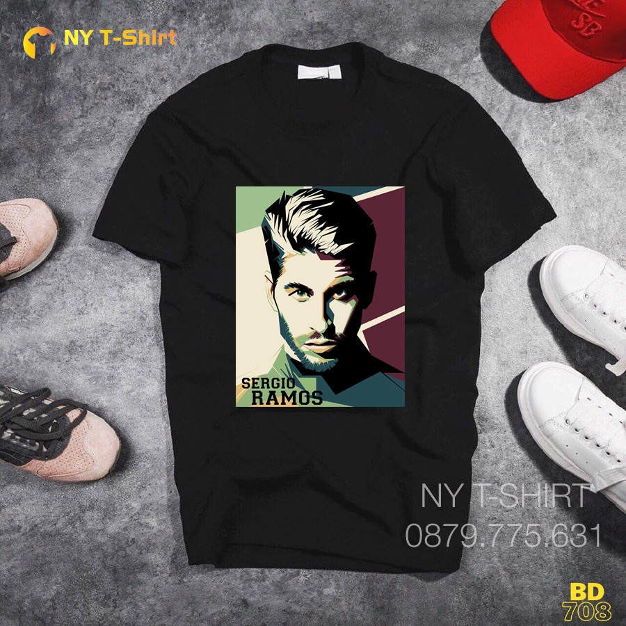 Áo Thun Sergio Ramos Mã BD708 - Áo Màu Trắng Và Đen Tay Ngắn,In Hình Cầu Thủ Bóng Đá