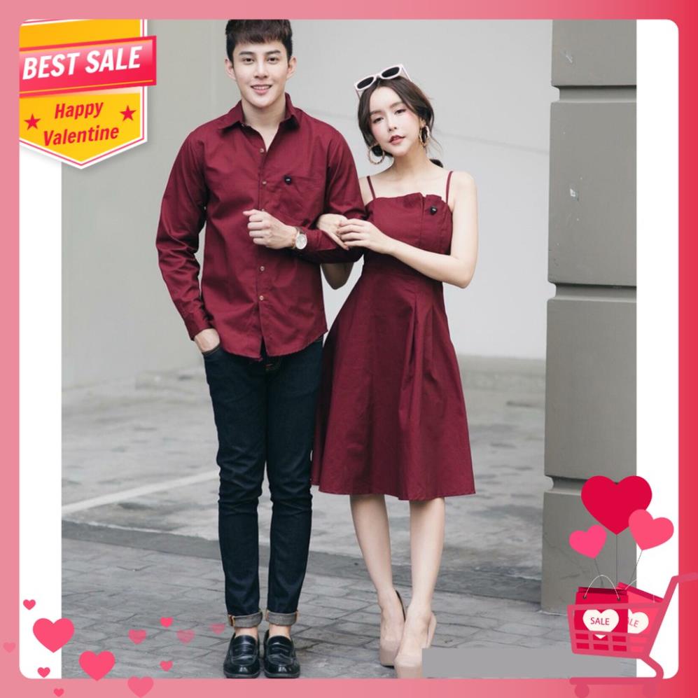 SẴN Áo đôi ❤FREESHIP❤ Set áo váy cặp đôi chụp cưới, đồ đôi nam nữ màu đỏ đô AV165