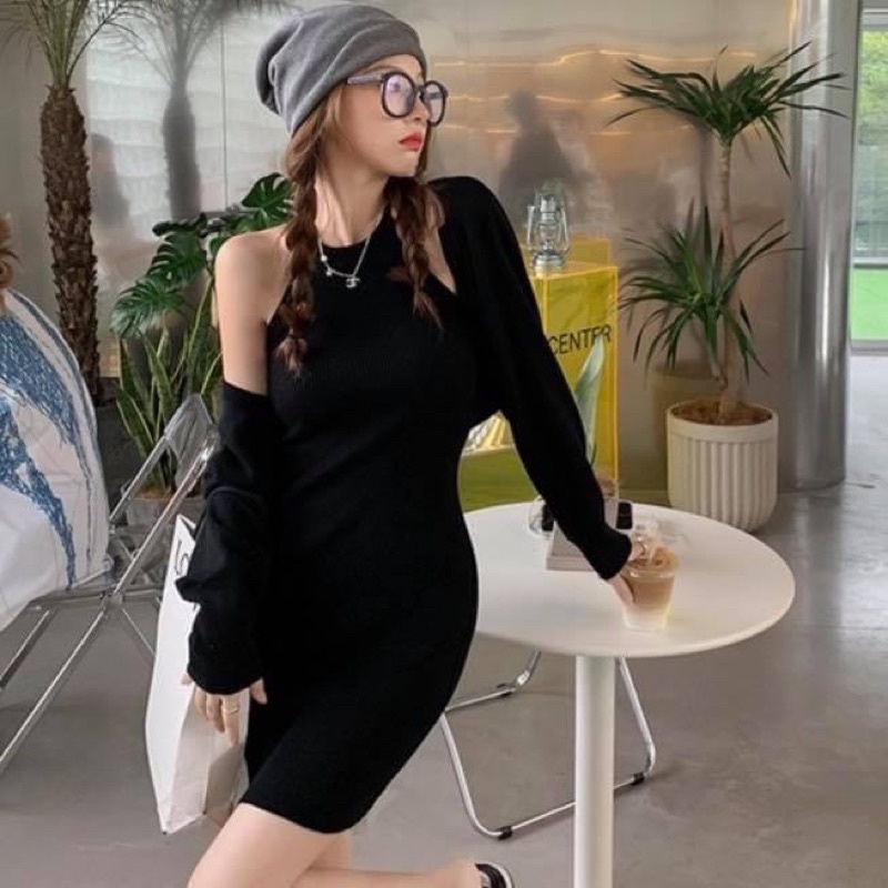 Đầm yếm kiểu ngắn nữ thun ôm sát body trơn kèm áo khoác cardigan tay dài cánh dơi - Order taobao quảng châu