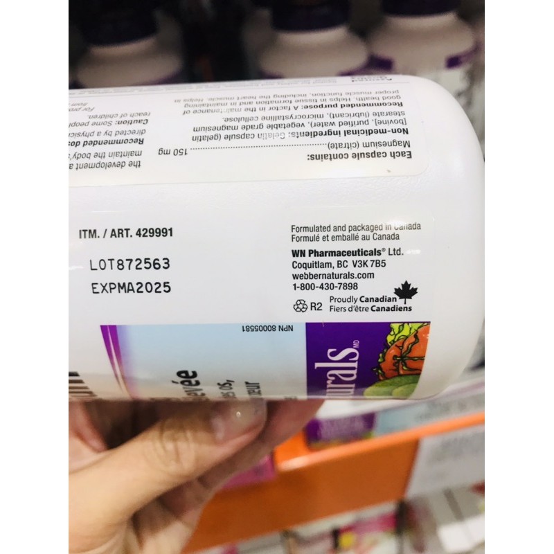 Viên uống Webber Naturals Magnesium Citrate hộp 300 viên, DATE 10/2025