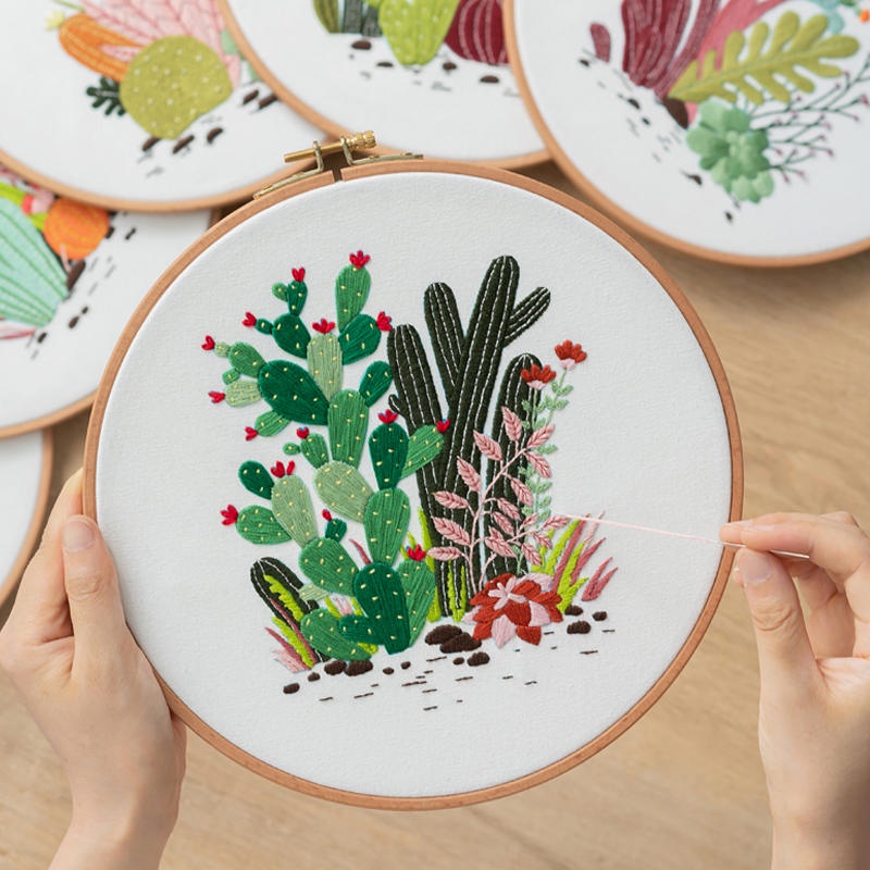 Bộ tranh thêu chữ thập hình tròn bằng cotton hình cây hoa DIY