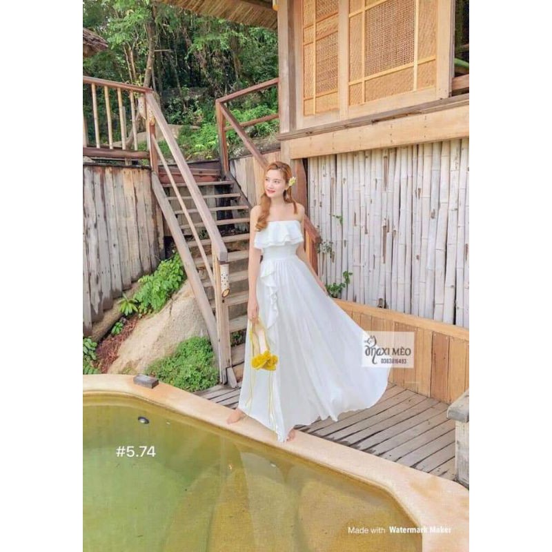 Đầm Maxi Voan Trễ Vai Phối Bèo | BigBuy360 - bigbuy360.vn