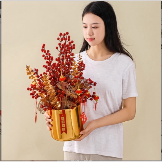 Cành lá vàng kim/Cành Đào Đông trang trí Tết, chùm trái đỏ nhân tạo cắm lọ bình may mắn.