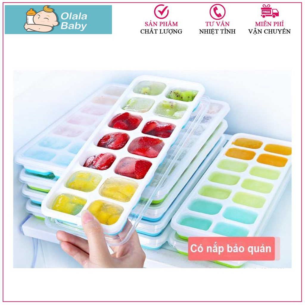Khay Đá Có Nắp Đậy, Đáy Silicon, Khay Làm Đá, Thạch, Kem Bảo Quản Chống Mùi Tuyệt Đối Trong Tủ Lạnh [Olala Baby]