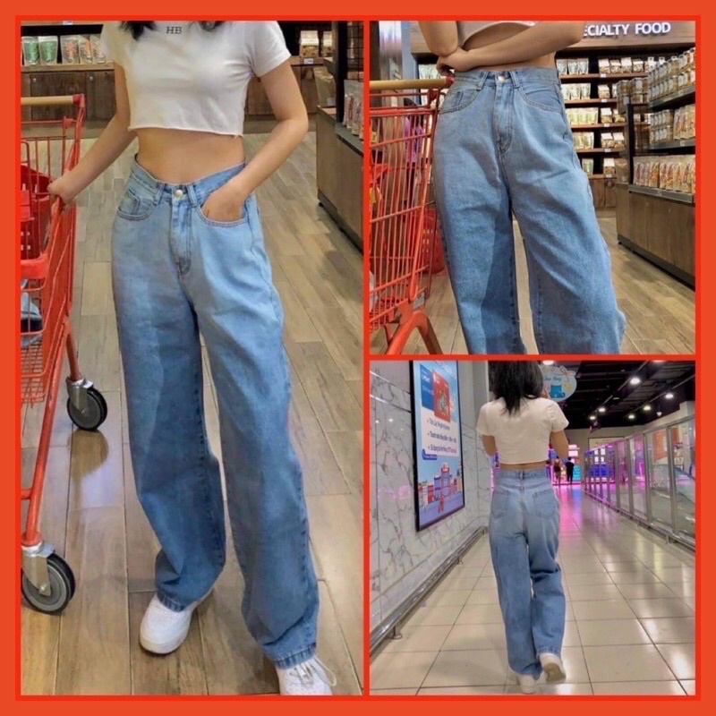 (Quà tặng 1 khẩu trang) Quần jean cạp cao ống rộng loang đen rách quần bò nữ