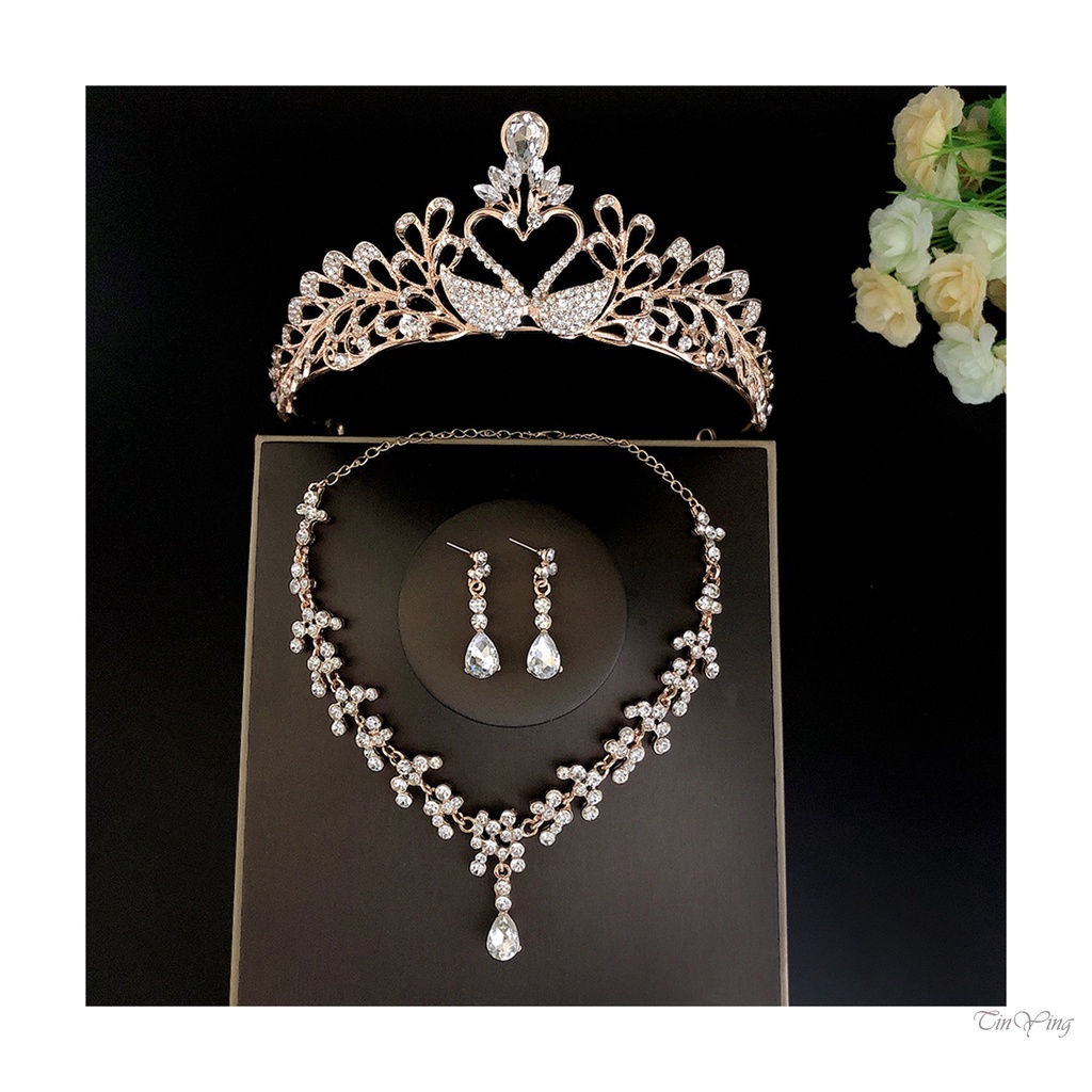 GETNOIVAS Vương Miện Cô Dâu Đính Pha Lê Sang Trọng Kèm Hoa Tai Và Dây Đeo Cổ Handmade