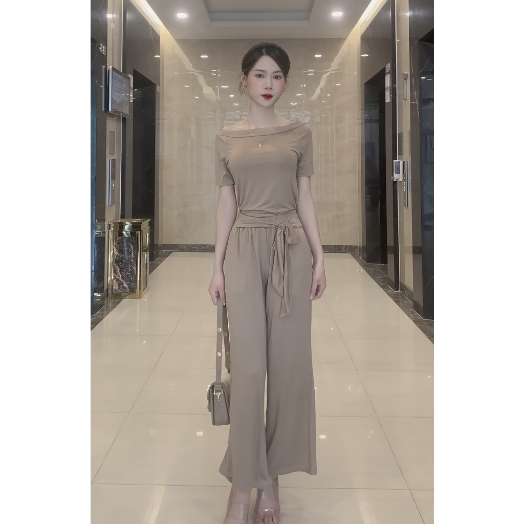 Set đồ nữ quần ống rộng áo trễ vai chất thun mát lạnh mặc được 2 kiểu cực tôn dáng