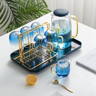 Khay kim loại Xanh mạ titan chữ nhật đế bi vàng đựng cốc chén, Khay trà , khay đựng bình cốc