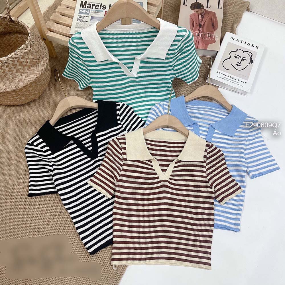Áo len tăm croptop phối kẻ sọc cổ bẻ tay con hàng QC!