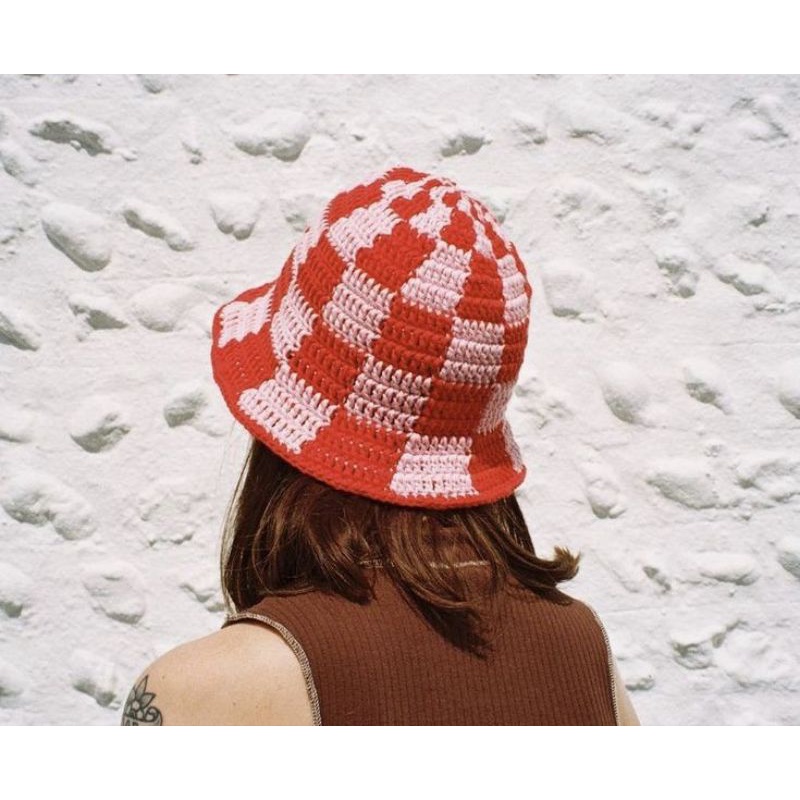 Checkered Bucket Hat Crochet, Nón sọc caro handmade bằng len Tiệm thủ công đan móc