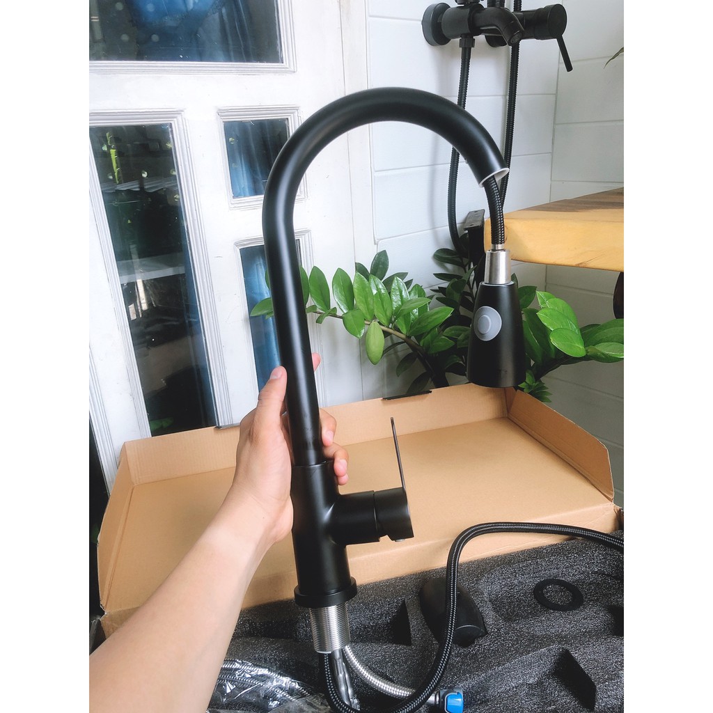 Vòi rửa chén rút nóng lạnh 304 tỉnh điện đen