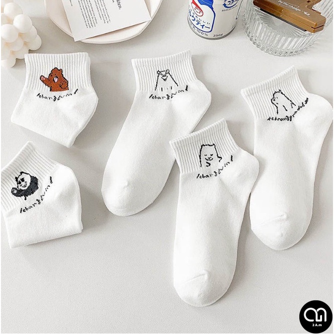 Tất Vớ Cổ Ngắn Nữ Tone Trắng Họa Tiết Gấu Thời Trang Unisex Hàn Quốc Xinh Vải Cotton