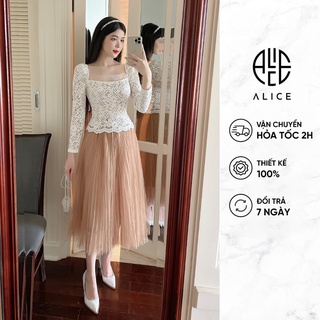 Set công sở áo ren cao cấp phối lưới, chân váy lưới dập ly cạp chun alice chất vải ren mềm mại dày dặn s864