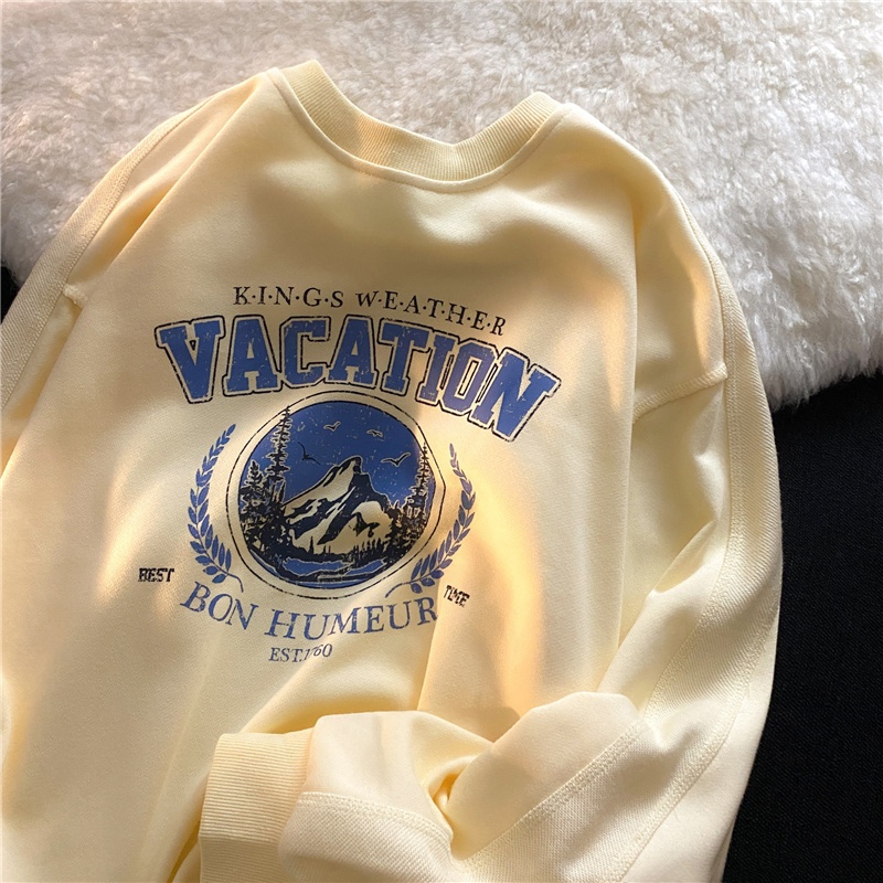 ZHELIHANGFEI Áo Thun Tay Dài Cổ Tròn Form Rộng Họa Tiết In Theo Phong Cách Preppy