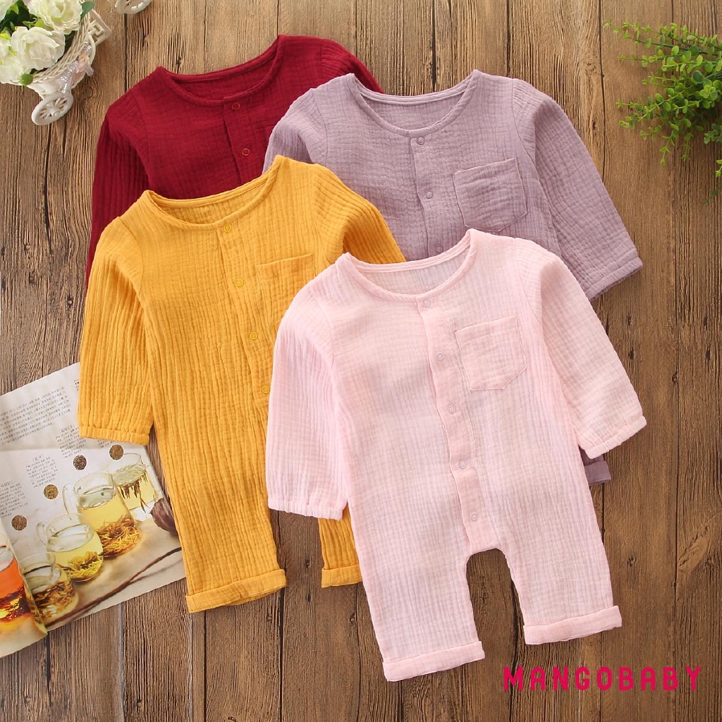 Bộ Áo Liền Quần Cotton Tay Dài Màu Trơn Cho Bé Gái Sơ Sinh