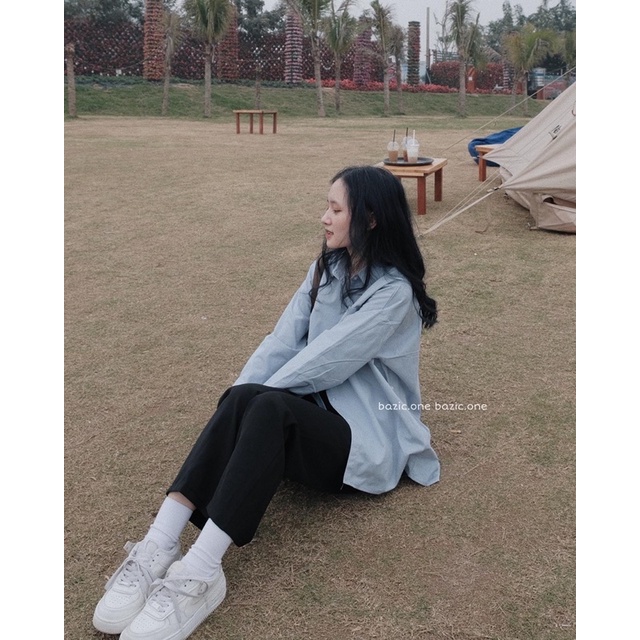 Áo sơ mi thô gắn cúc chéo, sơ mi dáng rộng cúc chéo Bazic one