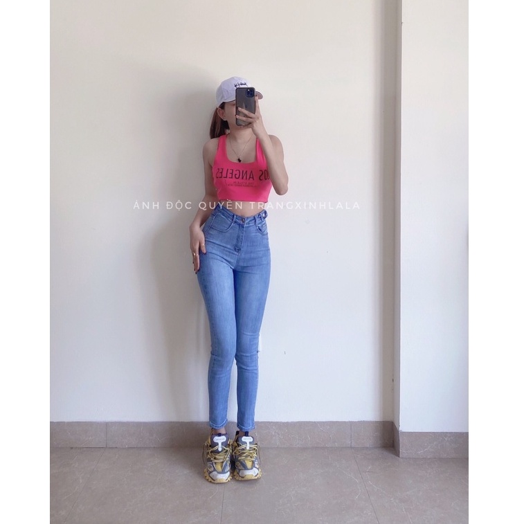 Quần Jean Nữ Lưng Cao Nắp Túi Co Giãn - Quần Bò Nữ Cạp Cao Dáng Ôm Nắp Túi Chất Jeans Đẹp Cao Cấp