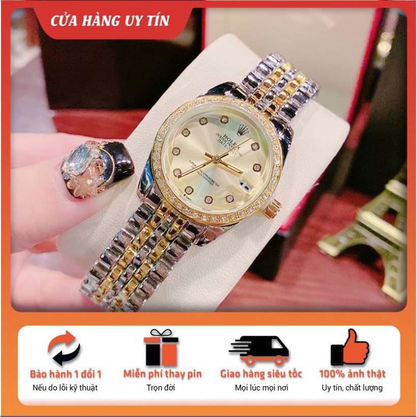 Đồng Hồ Đeo Tay Đính Đá Cao Cấp, Đồng Hồ Thời Trang Rolex Mặt Tròn Dây Thép Chống Nước Mẫu Đẹp