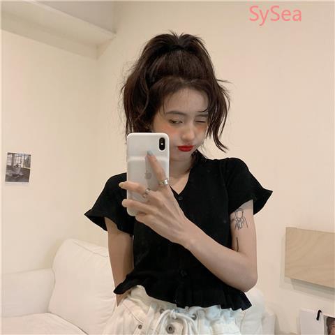 Áo croptop dệt kim ngắn tay màu trơn mùa hè cho nữ