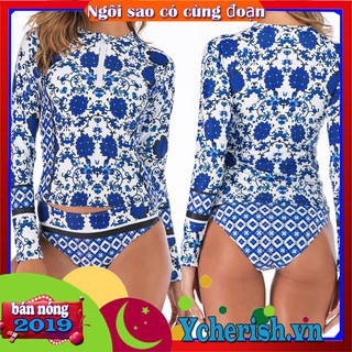 Set áo bơi tay dài họa tiết độc đáo + quần lót sọc vuông quyến rũ cho nữ