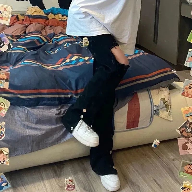 Jiashucheng Quần Jean Rách Dáng Rộng Xẻ Tà Màu Đen Phong Cách Đường Phố Mùa Hè Cho Nữ