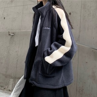 Áo khoác nữ form rộng, áo khoác lông cừu ulzzang nữ kẻ sọc tay có dây rút