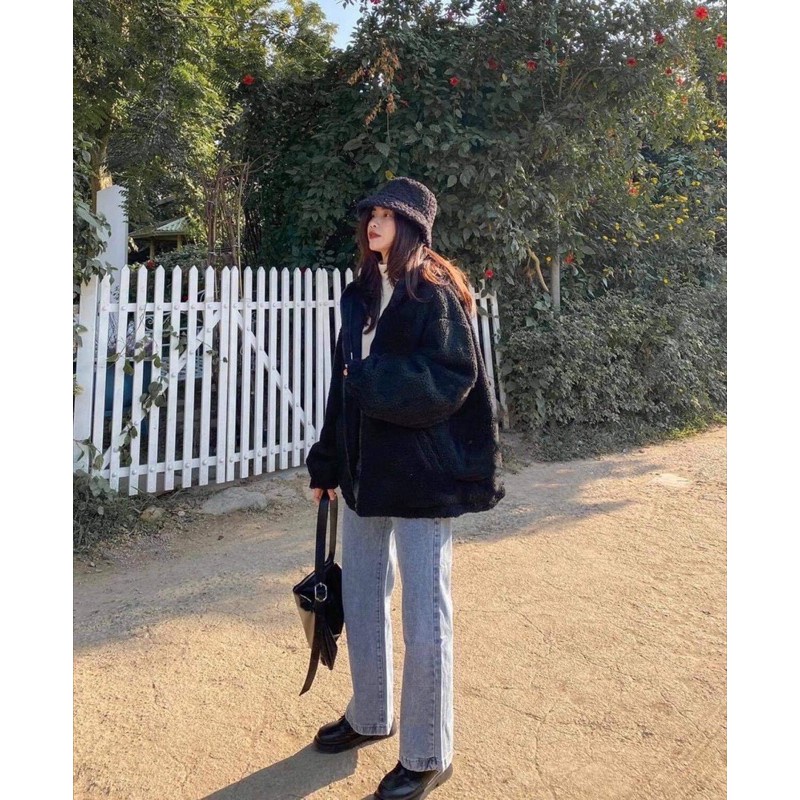 Áo khoác hoodie lông có mũ dài tay bồng nữ màu đen logo màu xanh