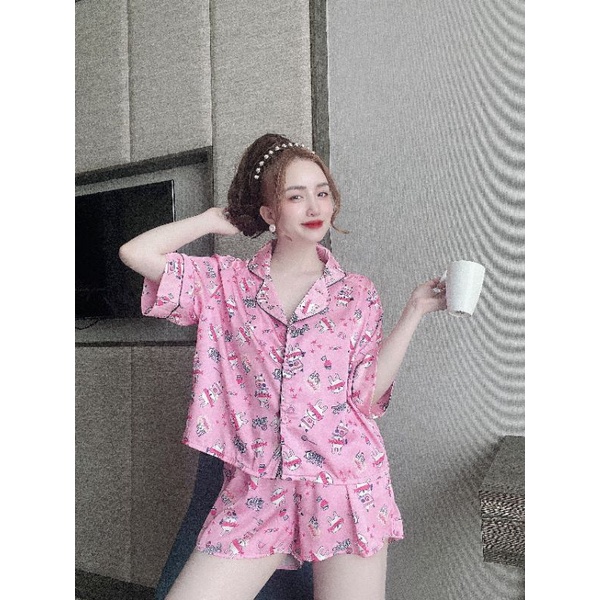 Pijama lụa crotop quần đùi họa tiết xinh xắn, màu kẹo ngọt