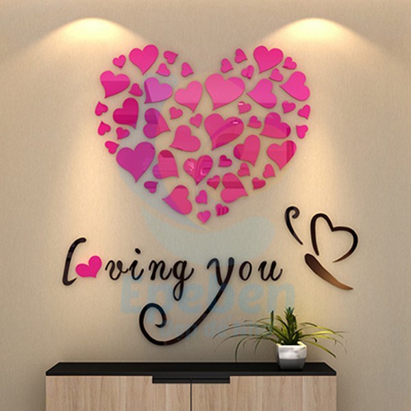 Tranh dán tường mica 3d decor i love you trái tim trang trí phòng khách, phòng ngủ, phòng cưới Nhiều Size - EPeBen