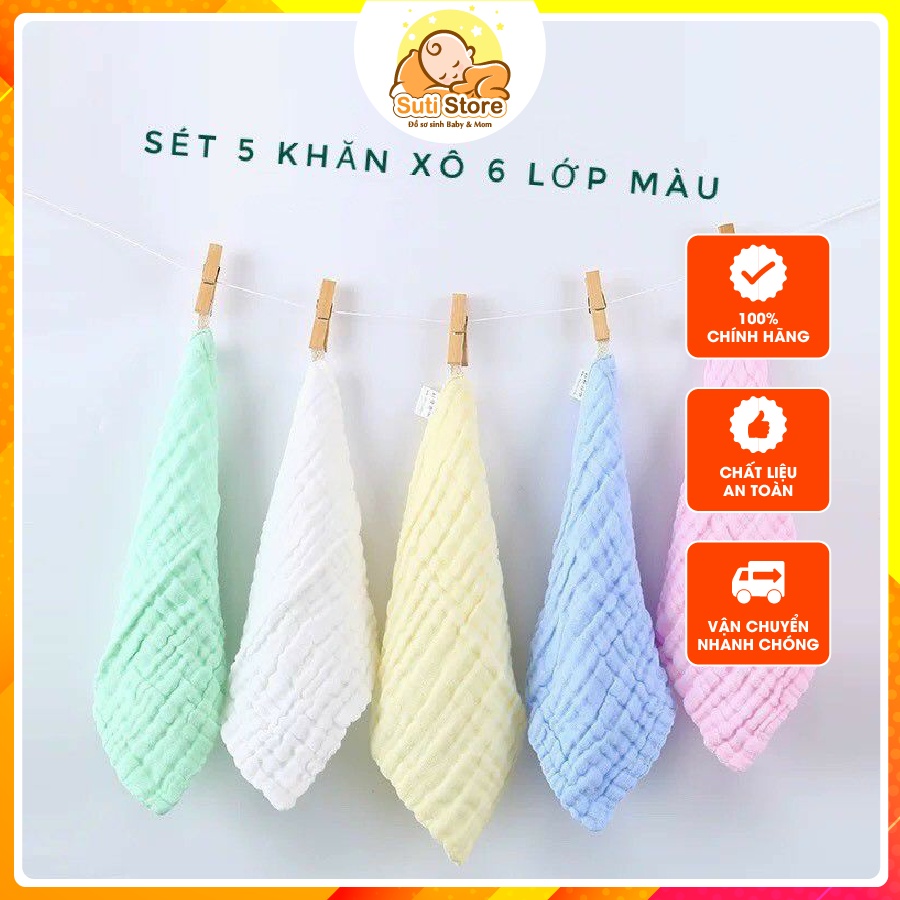 Set 5 khăn xô sữa màu 6 lớp siêu mềm, thấm hút tốt cho bé sơ sinh