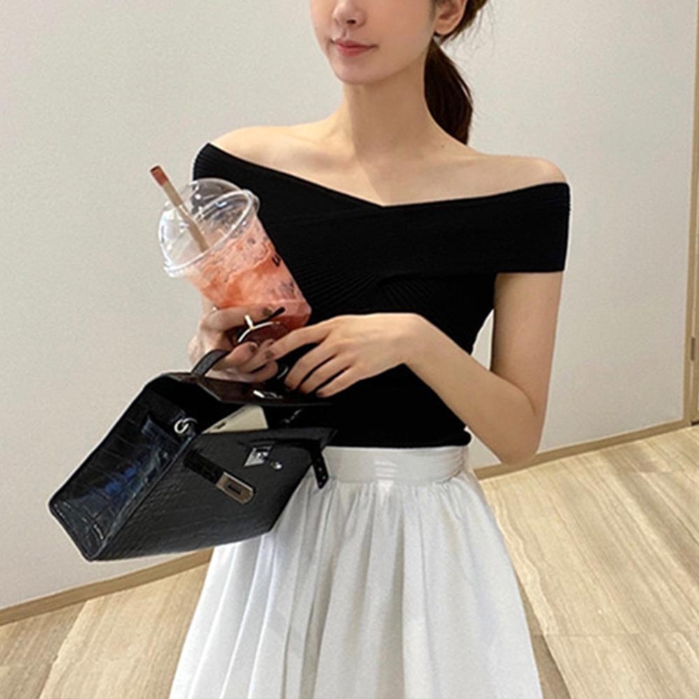 Áo dệt kim sát nách dáng ôm thiết kế dây đan chéo phong cách Hàn Quốc quyến rũ cho nữ