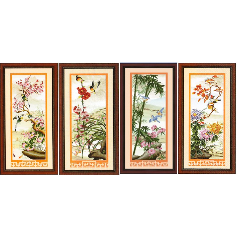 Tranh Thêu Tứ Quý Đào Trúc Cúc Lan 37x88cm X4 Bức