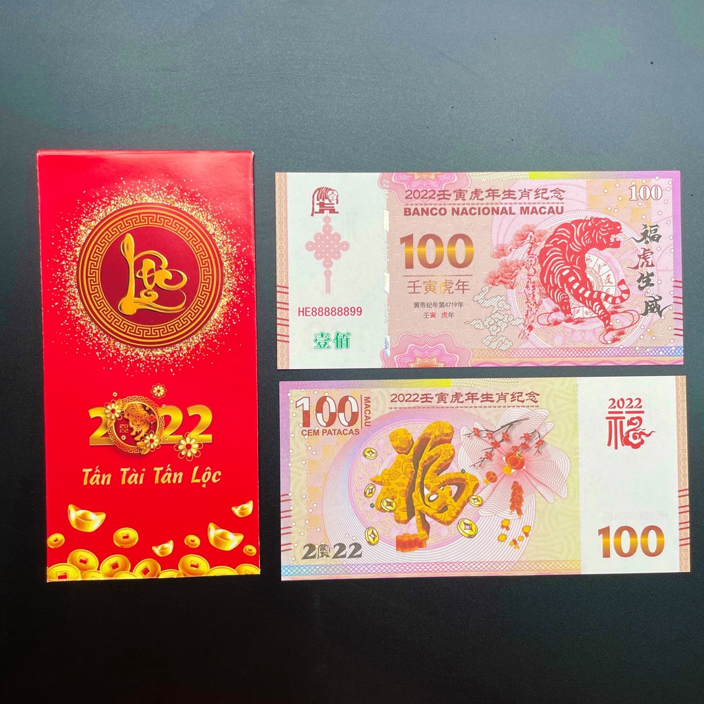 [SHOPEE TRỢ GIÁ] Tiền Lưu Niệm Con Hổ Macao 100 Patacas - Lì Xì May Mắn Mừng Tết 2022 - tặng bao lì xì