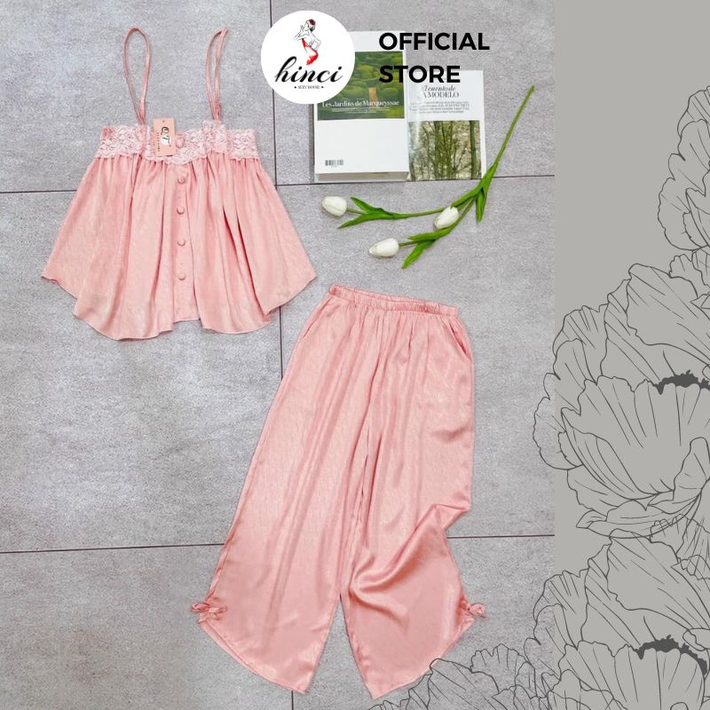 Đồ ngủ 2 dây, đồ bộ hai dây quần lửng nút bọc ren vải gấm